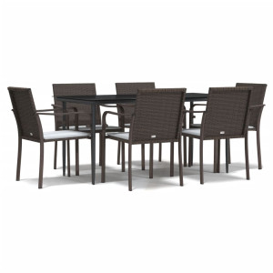 7 pcs conjunto de jantar p/ jardim c/ almofadões vime PE e aço H