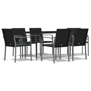 7 pcs conjunto de jantar p/ jardim c/ almofadões vime PE e aço H