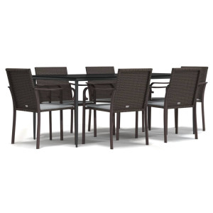 7 pcs conjunto de jantar p/ jardim c/ almofadões vime PE e aço H