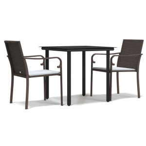 3 pcs conjunto de jantar p/ jardim c/ almofadões vime PE e aço H