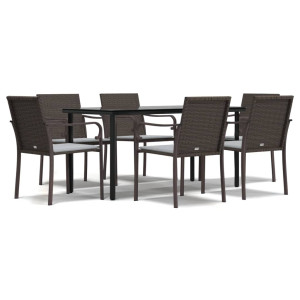 7 pcs conjunto de jantar p/ jardim c/ almofadões vime PE e aço H