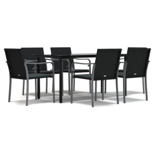 7 pcs conjunto de jantar p/ jardim c/ almofadões vime PE e aço H