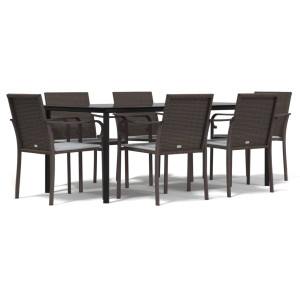 7 pcs conjunto de jantar p/ jardim c/ almofadões vime PE e aço H