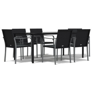 7 pcs conjunto de jantar p/ jardim c/ almofadões vime PE e aço H