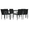 7 pcs conjunto de jantar p/ jardim c/ almofadões vime PE e aço 3