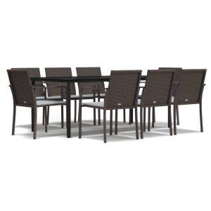 9 pcs conjunto de jantar p/ jardim com almofadões vime PE e aço H