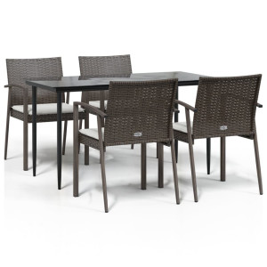 5 pcs conjunto de jantar p/ jardim c/ almofadões vime PE e aço H