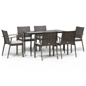 7 pcs conjunto de jantar p/ jardim c/ almofadões vime PE e aço H