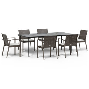 7 pcs conjunto de jantar p/ jardim c/ almofadões vime PE e aço H