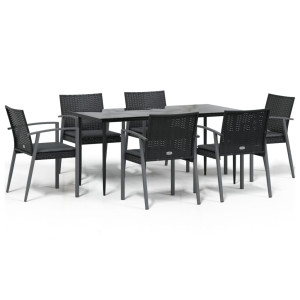 7 pcs conjunto de jantar p/ jardim c/ almofadões vime PE e aço H