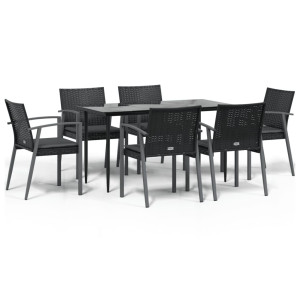 7 pcs conjunto de jantar p/ jardim c/ almofadões vime PE e aço H