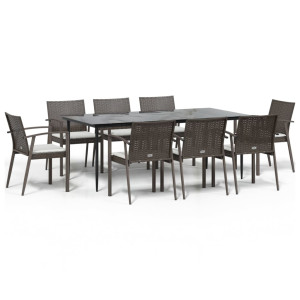 9 pcs conjunto de jantar p/ jardim com almofadões vime PE e aço H