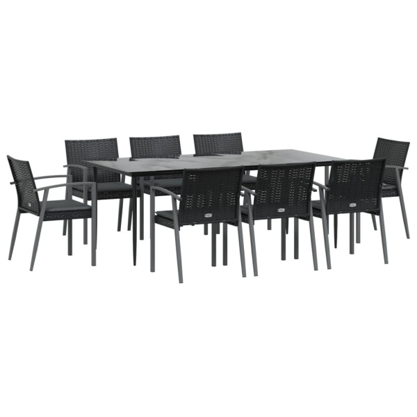 9 pcs conjunto de jantar p/ jardim com almofadões vime PE e aço M 3