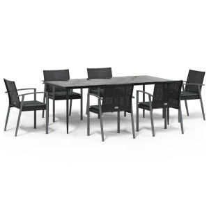 7 pcs conjunto de jantar p/ jardim c/ almofadões vime PE e aço H