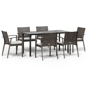 7 pcs conjunto de jantar p/ jardim c/ almofadões vime PE e aço H