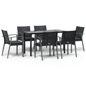 7 pcs conjunto de jantar p/ jardim c/ almofadões vime PE e aço H