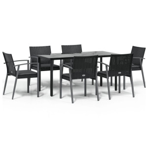7 pcs conjunto de jantar p/ jardim c/ almofadões vime PE e aço H