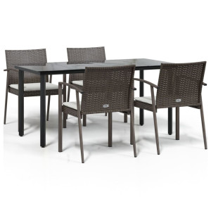 5 pcs conjunto de jantar p/ jardim c/ almofadões vime PE e aço H