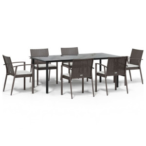 7 pcs conjunto de jantar p/ jardim c/ almofadões vime PE e aço H