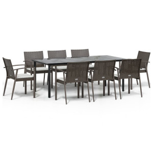 9 pcs conjunto de jantar p/ jardim com almofadões vime PE e aço H