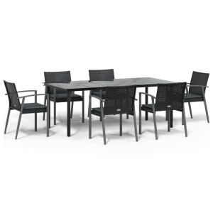 7 pcs conjunto de jantar p/ jardim c/ almofadões vime PE e aço H