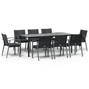 9 pcs conjunto de jantar p/ jardim com almofadões vime PE e aço H