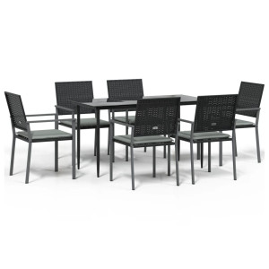 7 pcs conjunto de jantar p/ jardim c/ almofadões vime PE e aço H