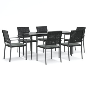 7 pcs conjunto de jantar p/ jardim c/ almofadões vime PE e aço H
