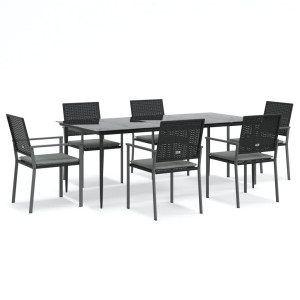 7 pcs conjunto de jantar p/ jardim c/ almofadões vime PE e aço H