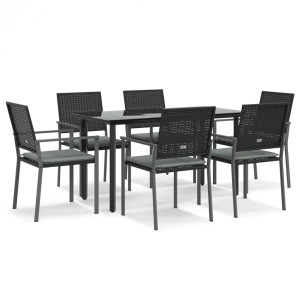 7 pcs conjunto de jantar p/ jardim c/ almofadões vime PE e aço H