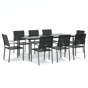 9 pcs conjunto de jantar p/ jardim vime PE e aço H