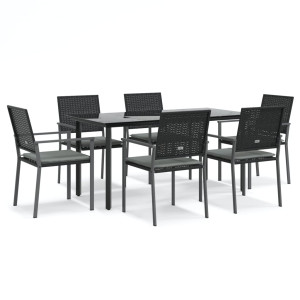 7 pcs conjunto de jantar p/ jardim c/ almofadões vime PE e aço H