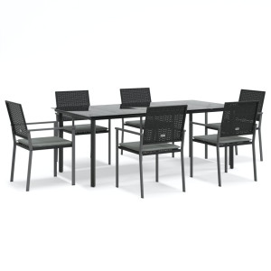 7 pcs conjunto de jantar p/ jardim c/ almofadões vime PE e aço H