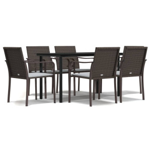 7 pcs conjunto de jantar p/ jardim c/ almofadões vime PE e aço H