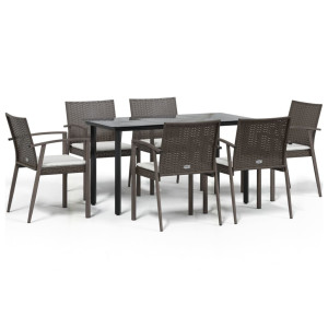 7 pcs conjunto de jantar p/ jardim c/ almofadões vime PE e aço H