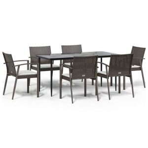 7 pcs conjunto de jantar p/ jardim c/ almofadões vime PE e aço H