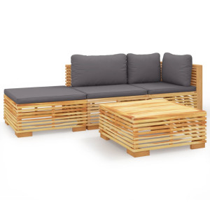 4 pcs conjunto lounge jardim c/ almofadões madeira teca maciça H