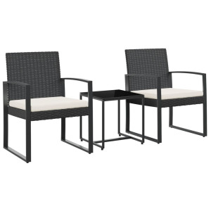 Set comedor de jardín 3 pzas con cojines PP aspecto ratán negro H
