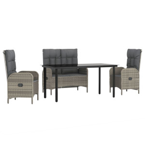 4 pcs conjunto de jantar p/ jardim c/ almofadões vime PE cinza H
