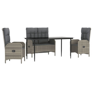 4 pcs conjunto de jantar p/ jardim c/ almofadões vime PE cinza H