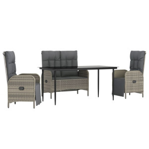 4 pcs conjunto de jantar p/ jardim c/ almofadões vime PE cinza H