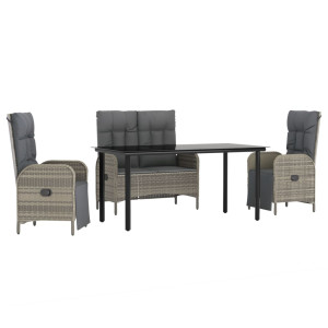 4 pcs conjunto de jantar p/ jardim c/ almofadões vime PE cinza H