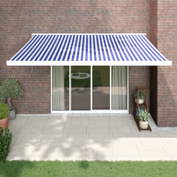 Toldo retráctil aluminio y tela azul y blanco 4x3 m D