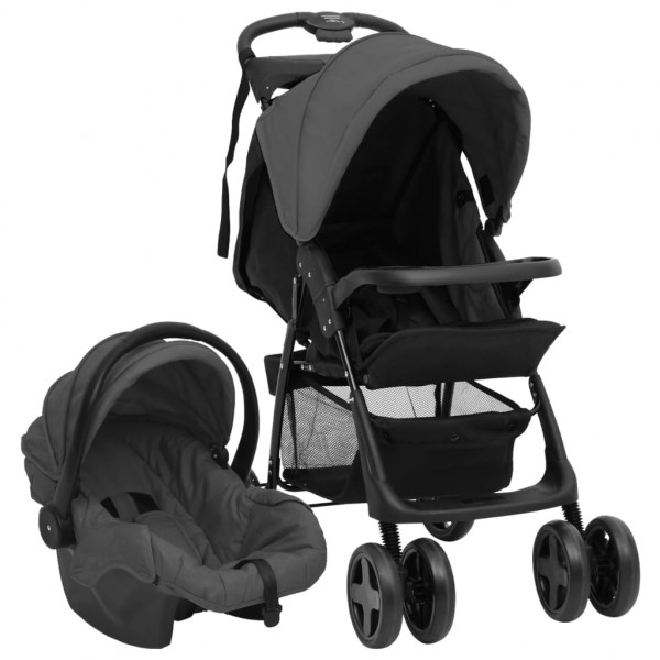 Carrito de bebés 3 en 1 de acero gris oscuro y negro D