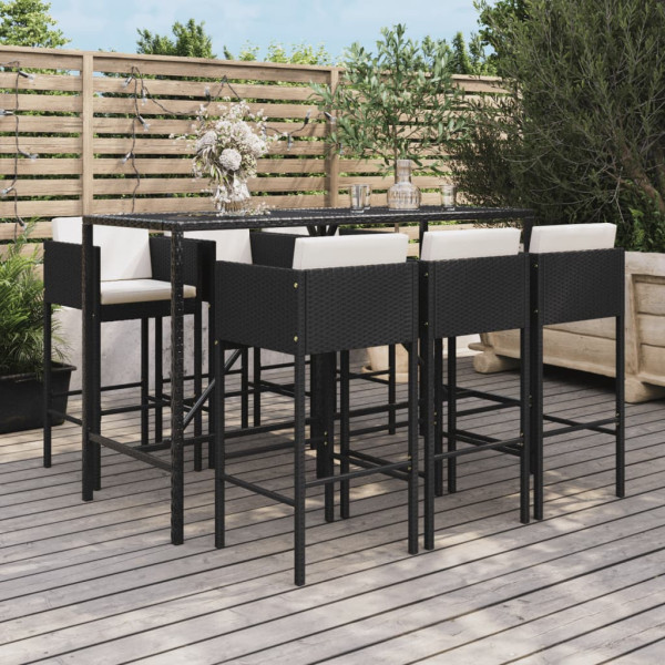 7 pcs conjunto de bar para jardim c/ almofadões vime PE preto D