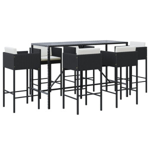 7 pcs conjunto de bar para jardim c/ almofadões vime PE preto H