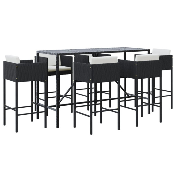 7 pcs conjunto de bar para jardim c/ almofadões vime PE preto M 2