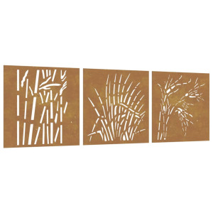 Adorno pared jardín 3 uds acero corten diseño hierba 55x55 cm H
