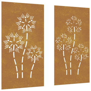 Adorno pared jardín 2 uds acero corten diseño flores 105x55 cm H