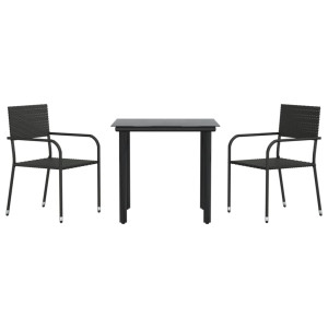 3 pcs conjunto de jantar para jardim vime PE e aço preto H